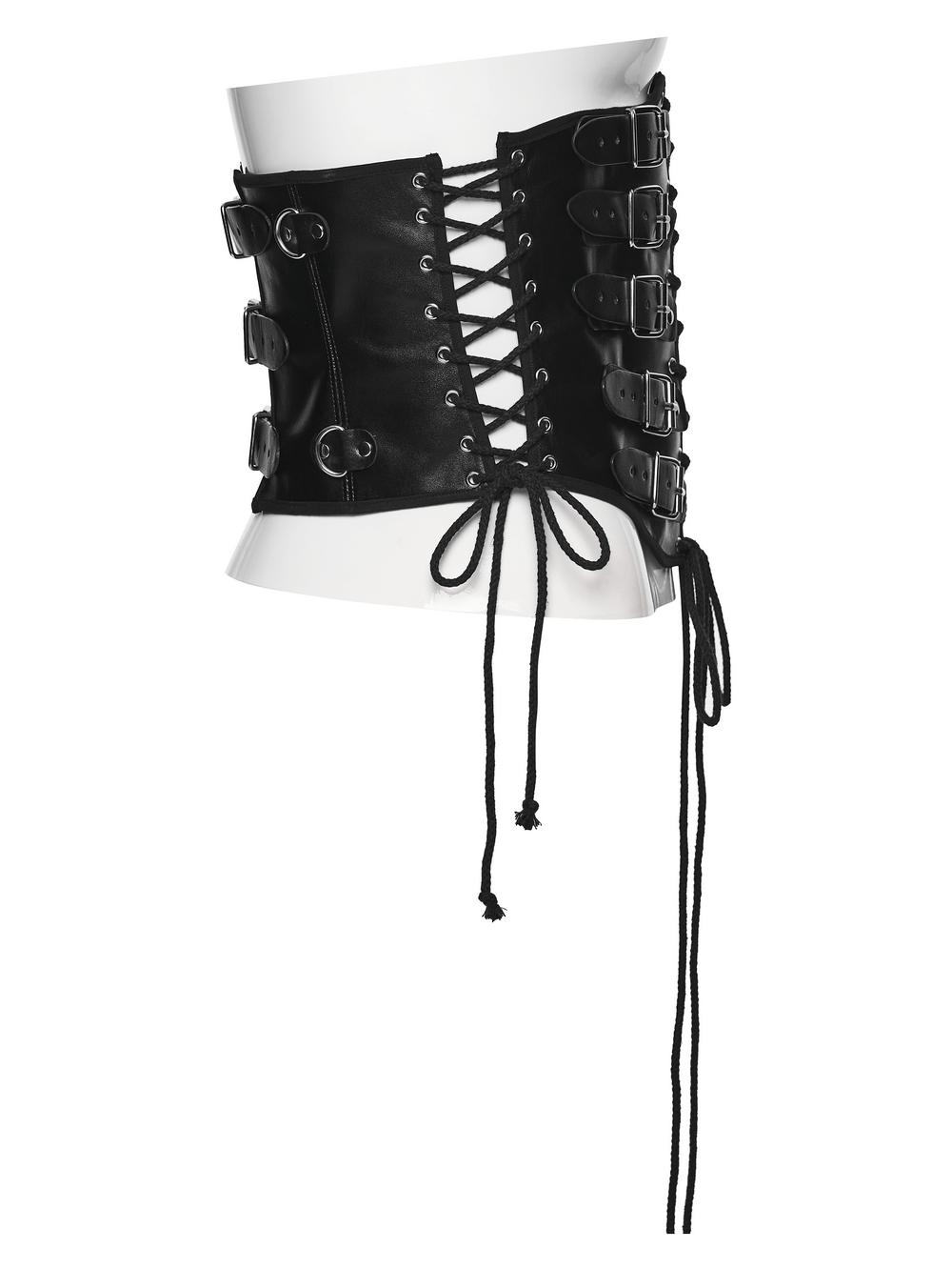 Punk Black Corset Belt with Buckles and Laces on display with bold buckles and laced-up back for adjustable fit.