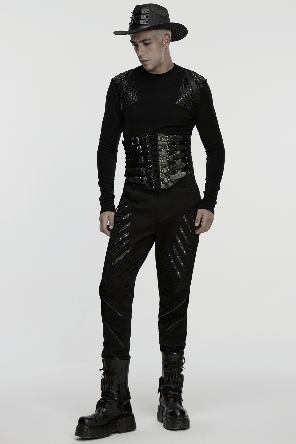 Punk Black Corset Belt with Buckles and Laces worn with edgy outfit and hat, showcasing alternative fashion style.