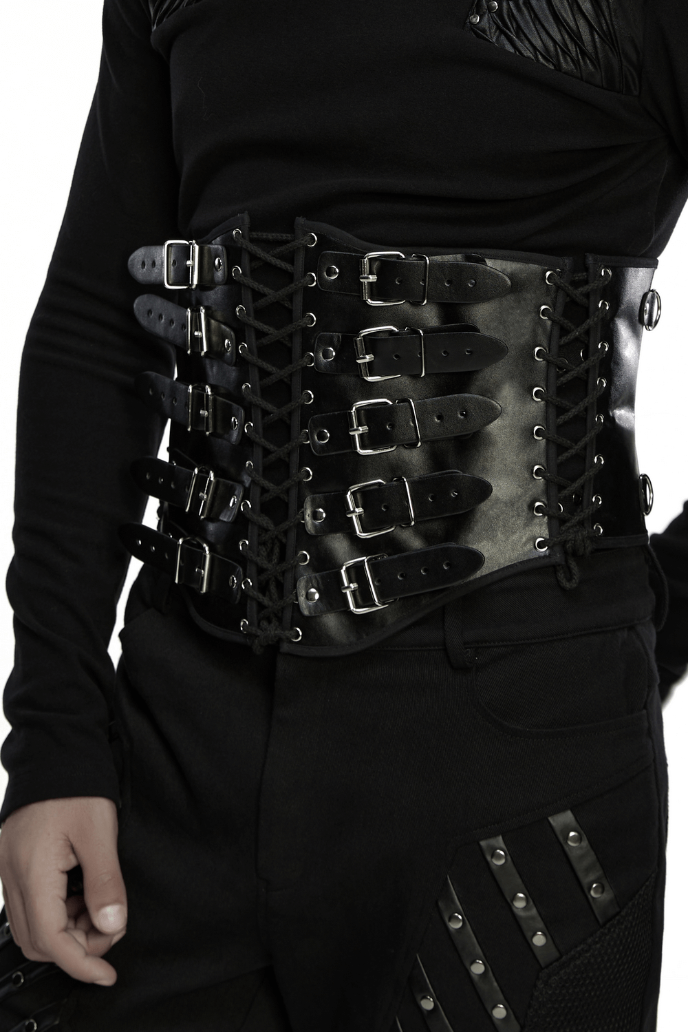 Punk Black Corset Belt with Buckles and Laces showcasing buckles and lace-up design worn by a model.