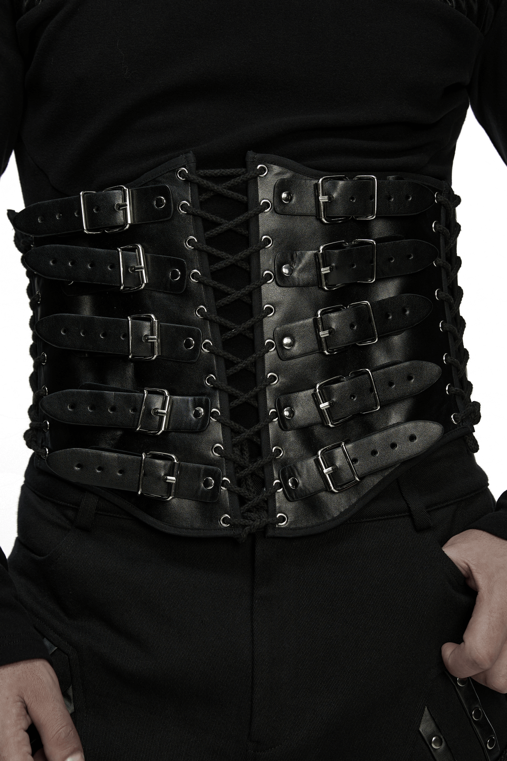 Punk Black Corset Belt with Buckles and Laces featuring a stylish laced-up back and bold buckles for an edgy look.