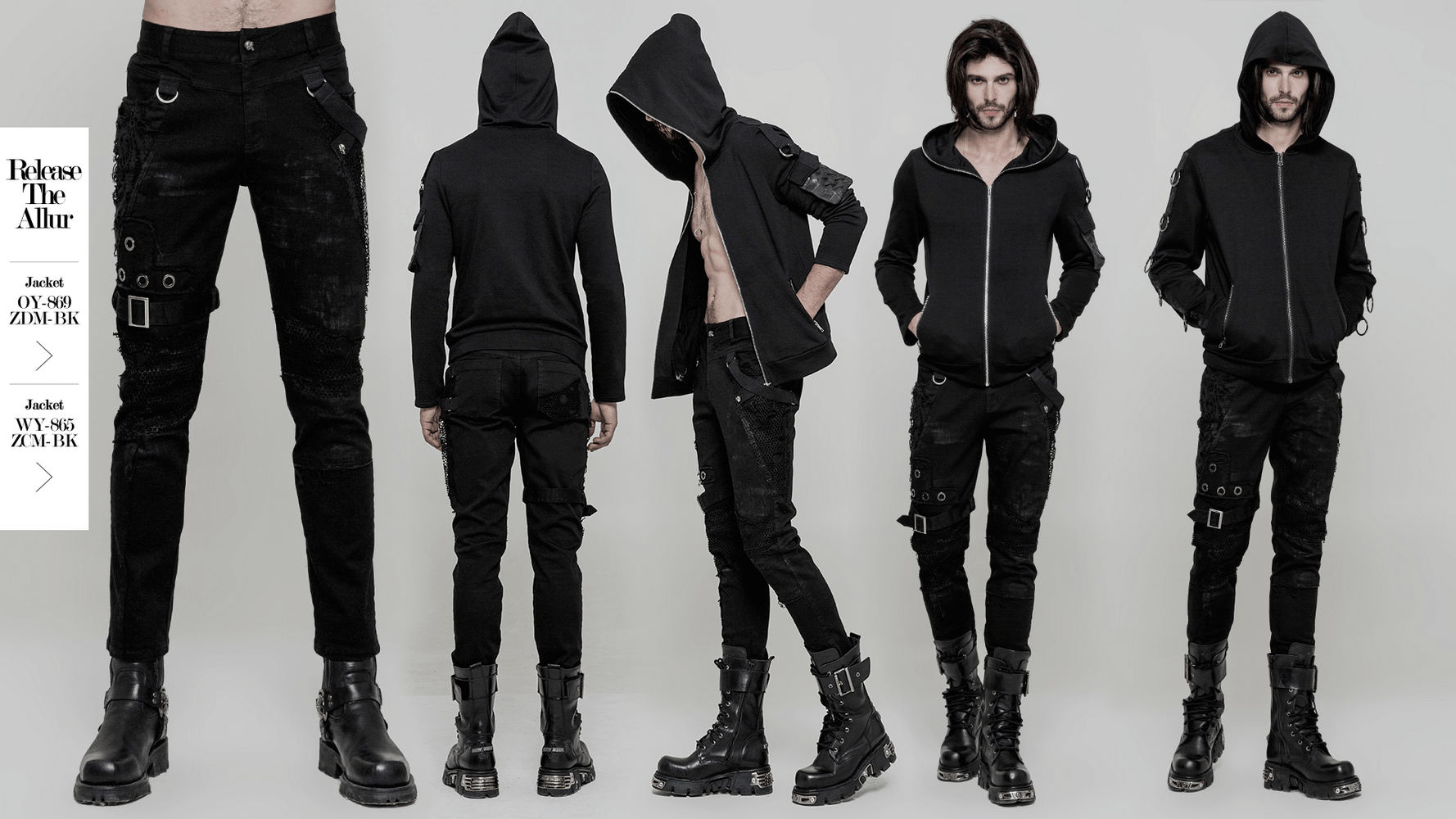 Punk black destroyed jeans with lace and buckle, featuring ripped details and fitted silhouette, perfect for a rebellious look.