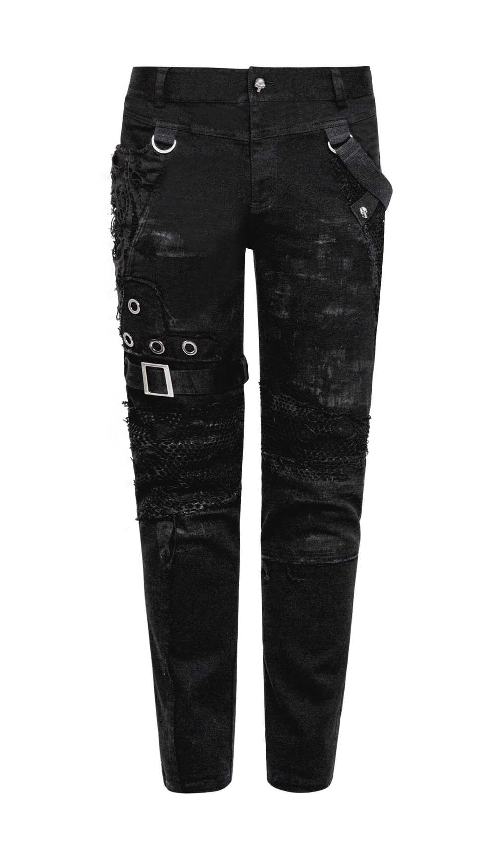 Punk Black Destroyed Jeans with Lace and Buckle