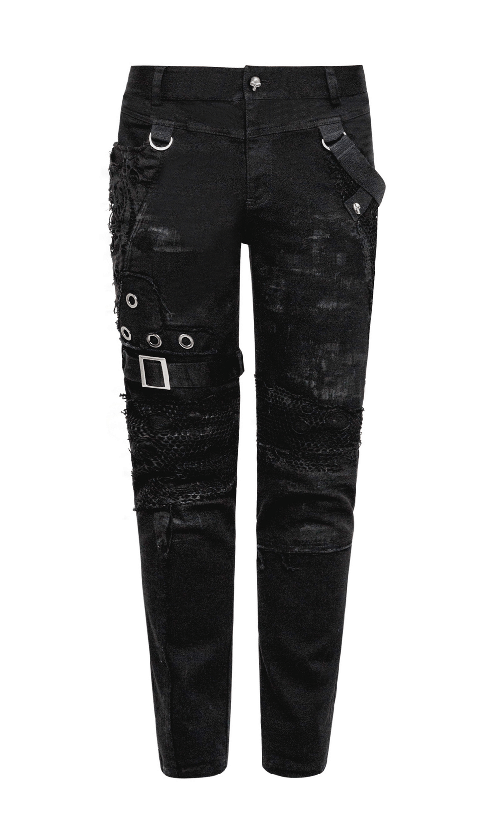 Punk black destroyed jeans with lace and buckle details, featuring a trendy ripped design and a fitted silhouette.