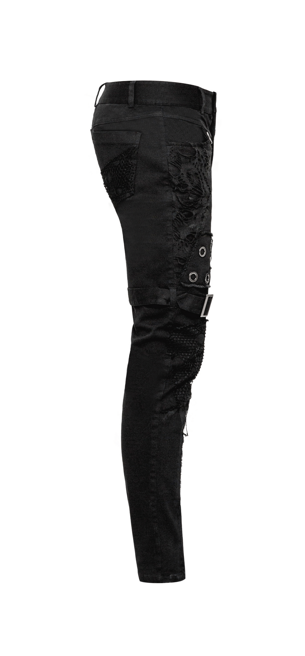 Punk black destroyed jeans featuring unique lace and buckle details, perfect for edgy vintage fashion lovers.