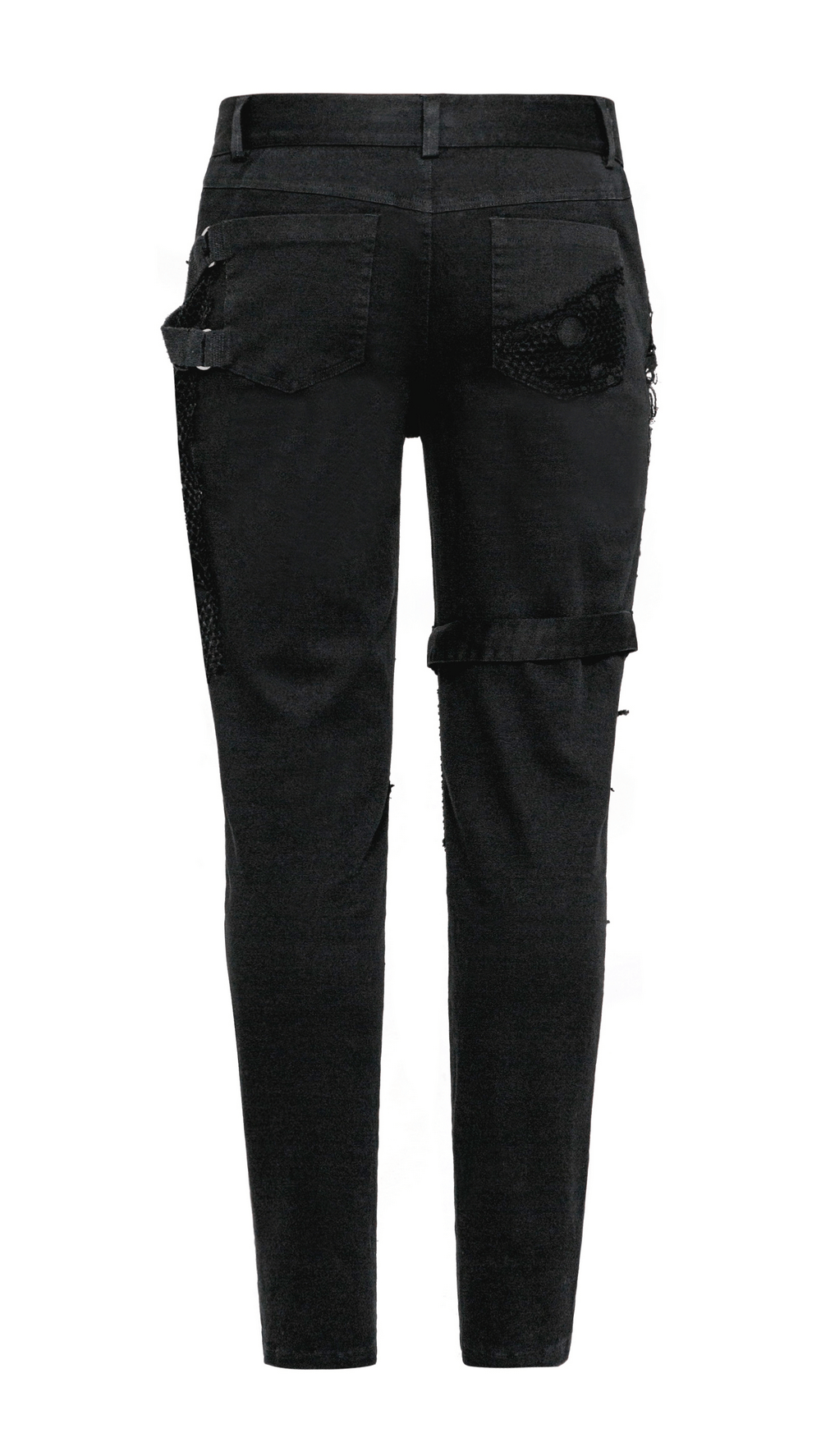 Punk Black Destroyed Jeans with Lace and Buckle