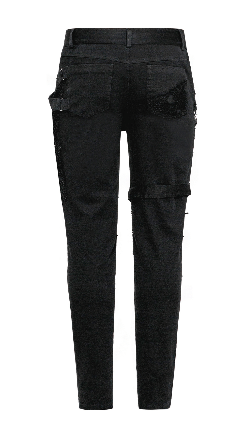 Punk black destroyed jeans with lace and buckle, featuring edgy ripped details and a fitted silhouette.