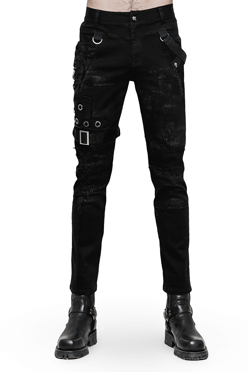 Punk black destroyed jeans with lace and buckle details, featuring a fitted silhouette and edgy design.