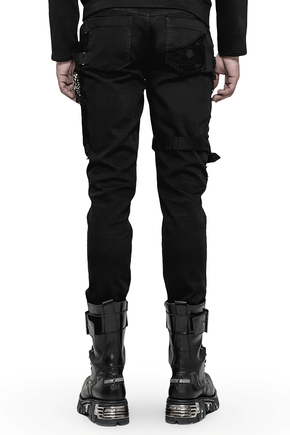 Back view of punk black destroyed jeans with lace, buckle details, and edgy design, paired with stylish black boots.