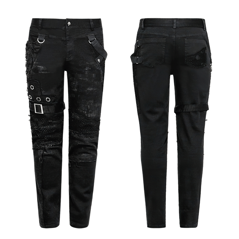 Punk black destroyed jeans featuring lace, buckles, and distressed details for a rebellious vintage look.