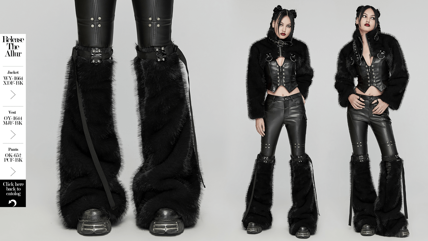 Punk black faux fur leg warmers with rivet details, styled with edgy leather pants and a chic fur jacket.