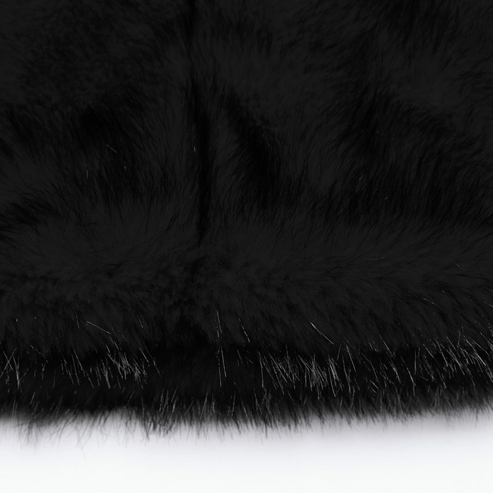 Close-up of black faux fur, showcasing soft texture and shiny strands for leg warmers with punk vibe.