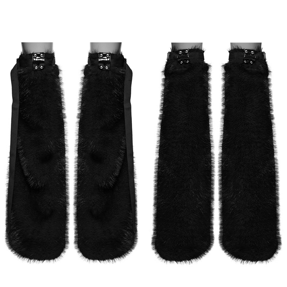 Punk black faux fur leg warmers with rivet details and adjustable buckle straps for a stylish, edgy look.
