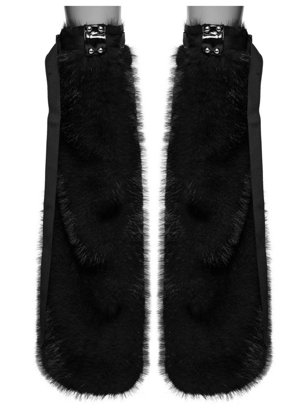 Punk black faux fur leg warmers with rivet details and adjustable buckle straps for a stylish edgy look.