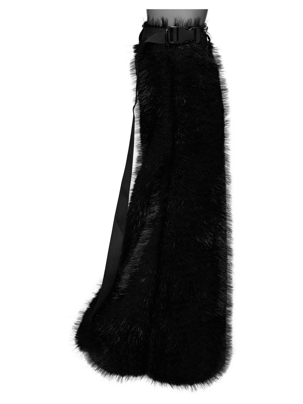 Punk black faux fur leg warmers with rivet details and adjustable buckle straps, perfect for a stylish edgy look.