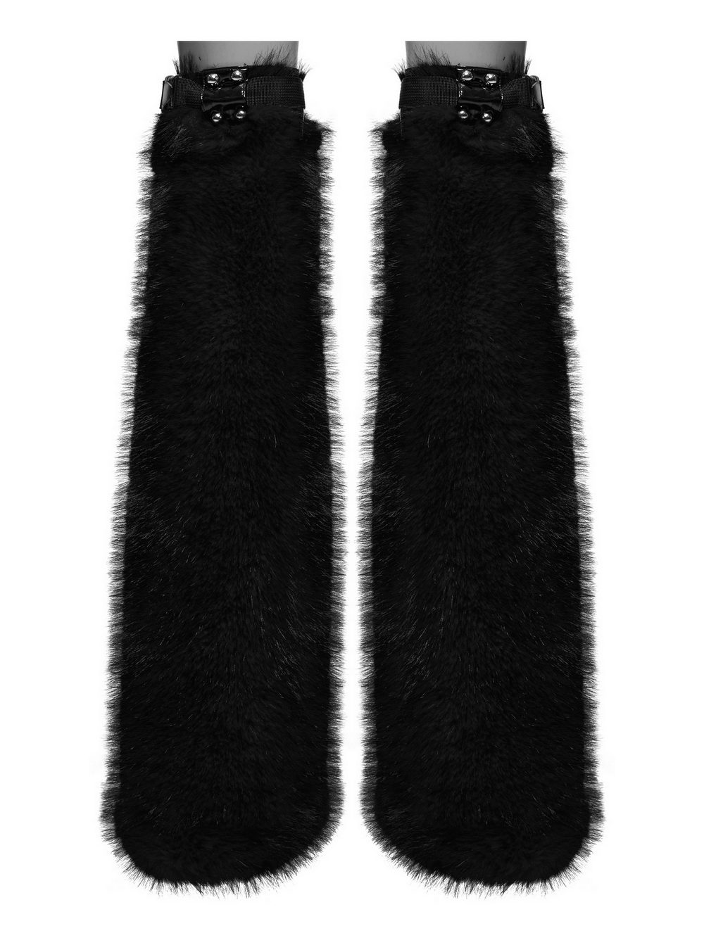 Punk black faux fur leg warmers with rivet details and adjustable buckle straps, perfect for an edgy, stylish look.