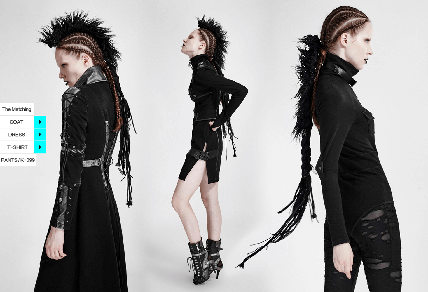 Punk model showcasing black faux fur mohawk hair accessory and edgy fashion in studio shoot.