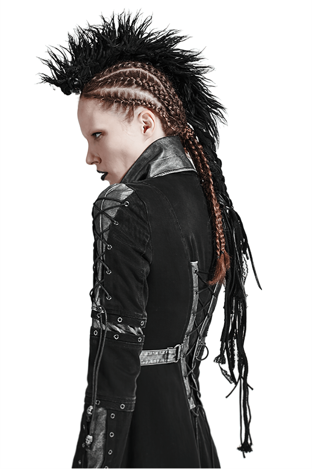 Punk rock style featuring a faux fur mohawk hair piece and edgy braided hairstyle dressed in a black jacket.