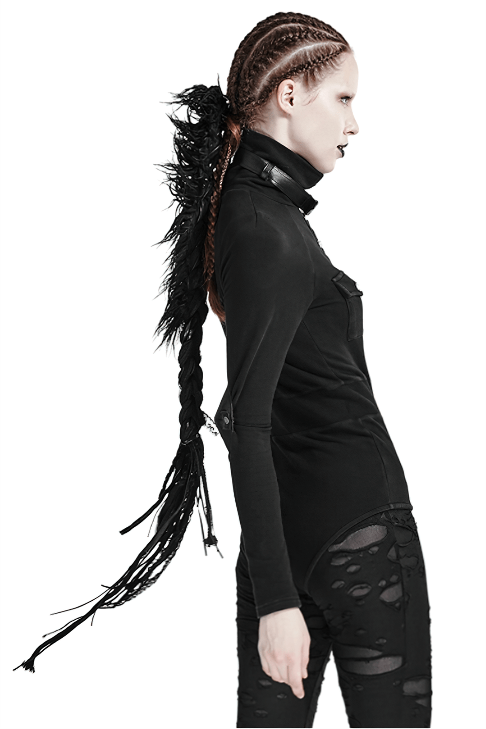 Punk model showcasing a black faux fur mohawk hair clip with lace, styled with braids and a chic black outfit.
