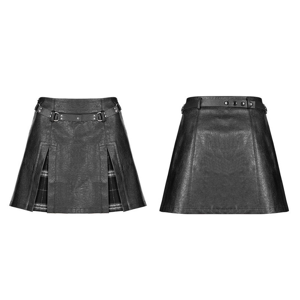 Punk black faux leather A-line mini skirt with plaid insert and rivet details, perfect for rock-and-roll style.