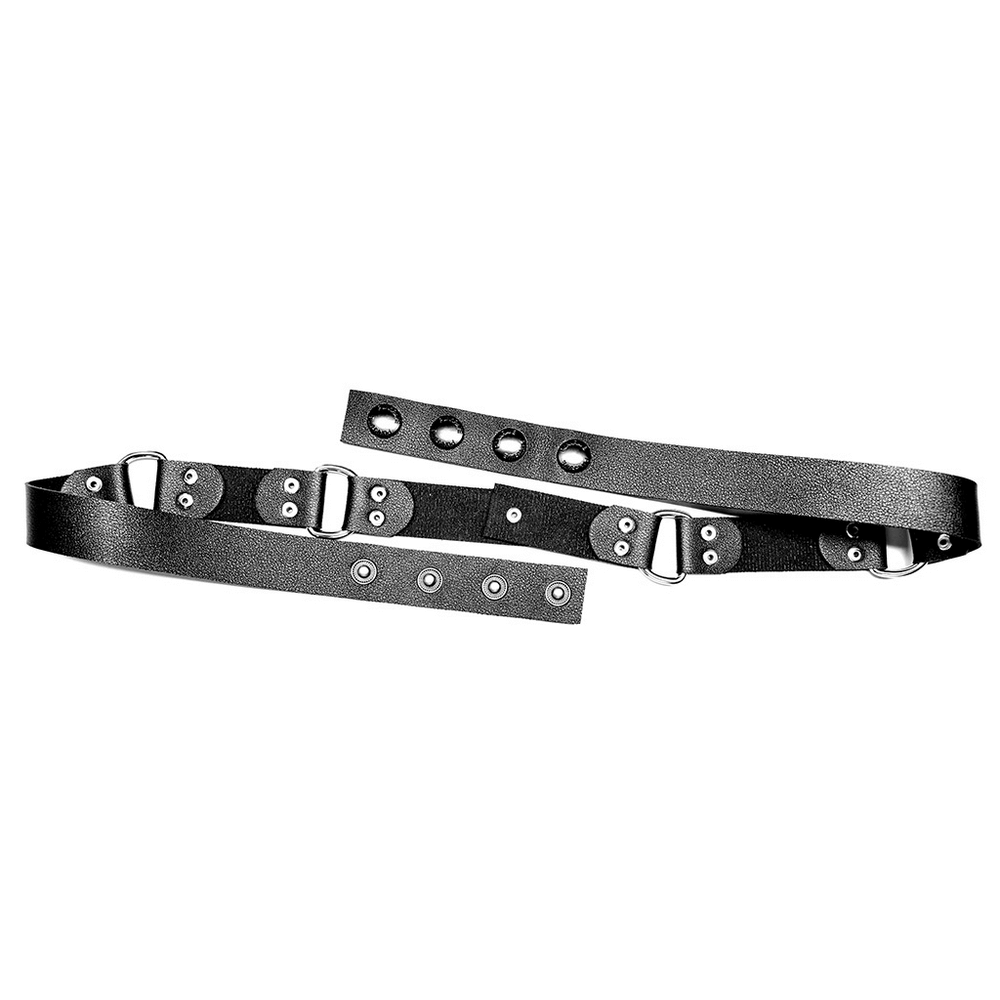 Black faux leather adjustable belt with punk rivet details and metal buckles for edgy style.