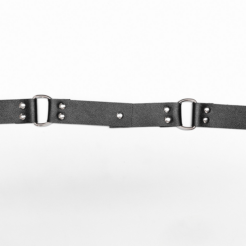 Black faux leather belt with punk rivet details and silver metal buckles, perfect for edgy fashion.