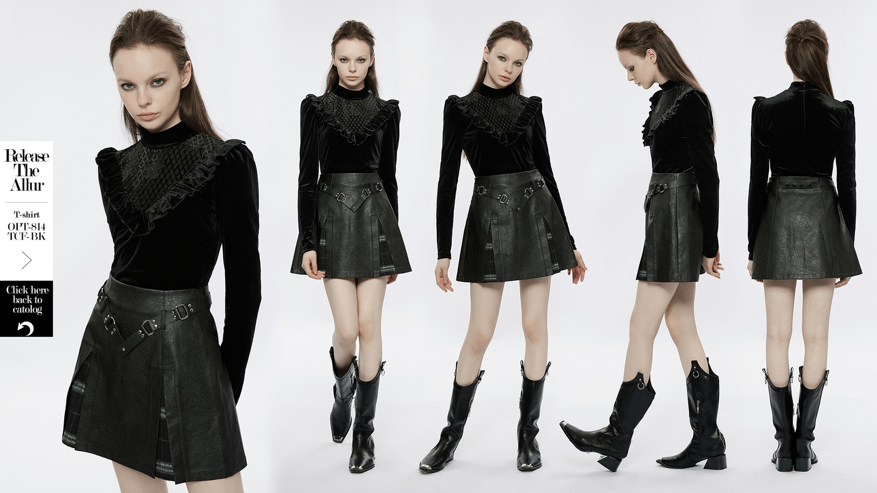Punk black faux leather A-line mini skirt with plaid insert and rivet details, styled with a black top and cowboy boots.