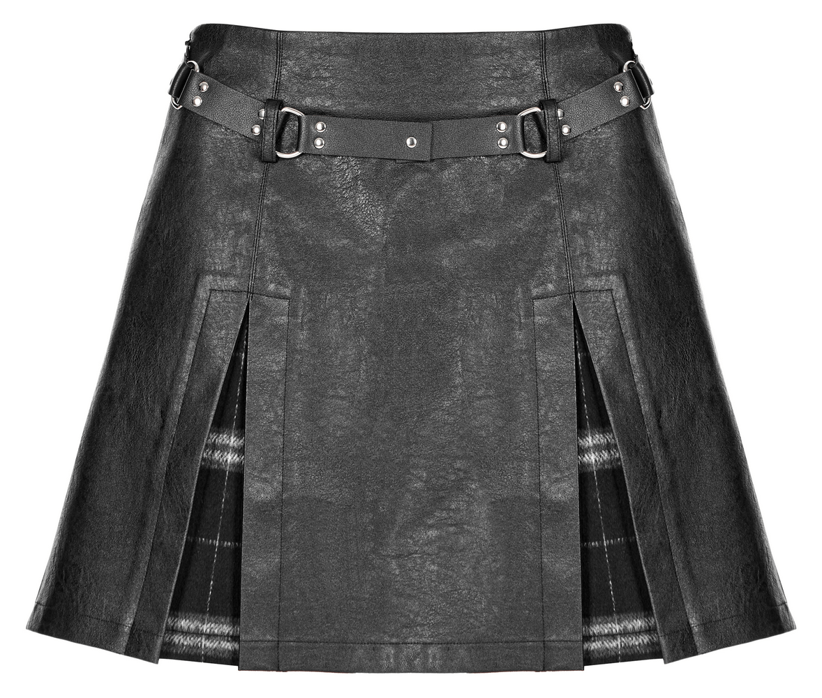 Punk black faux leather A-line mini skirt with plaid inserts and stylish rivet belt.
