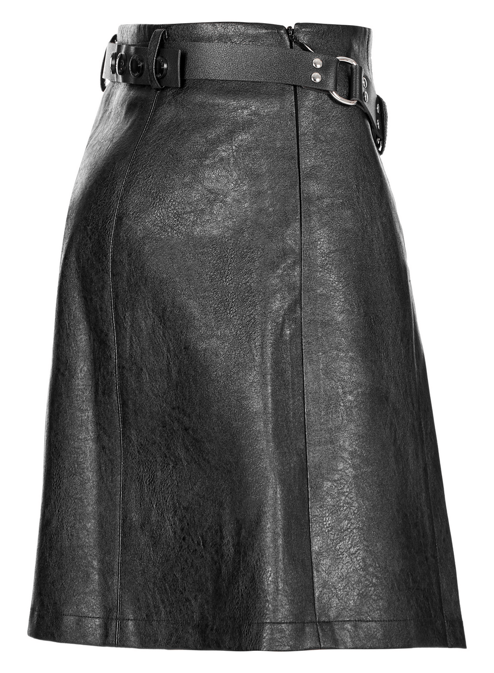 Punk black faux leather A-line mini skirt with adjustable waist belt and rivet details.