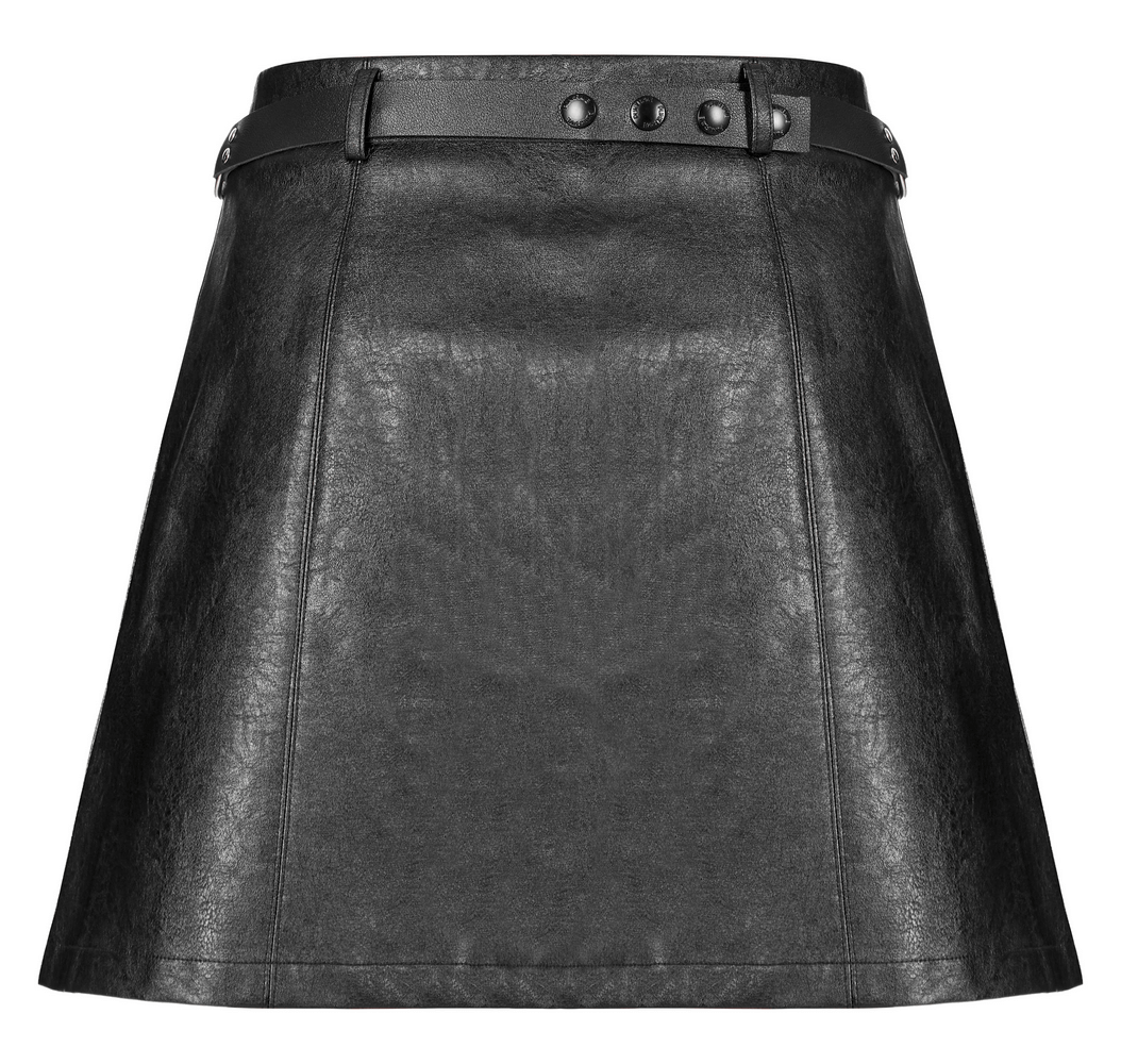 Punk black faux leather A-line mini skirt with plaid insert and rivet details, stylish and edgy for rock-inspired looks.