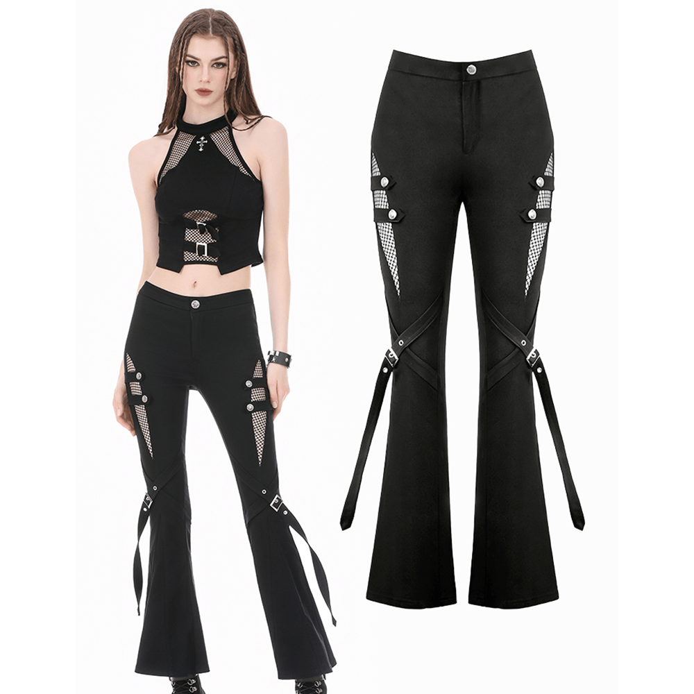 Punk Black Flared Pants with Mesh Cutout and Straps showcasing gothic style with buckles and dramatic bell bottoms.
