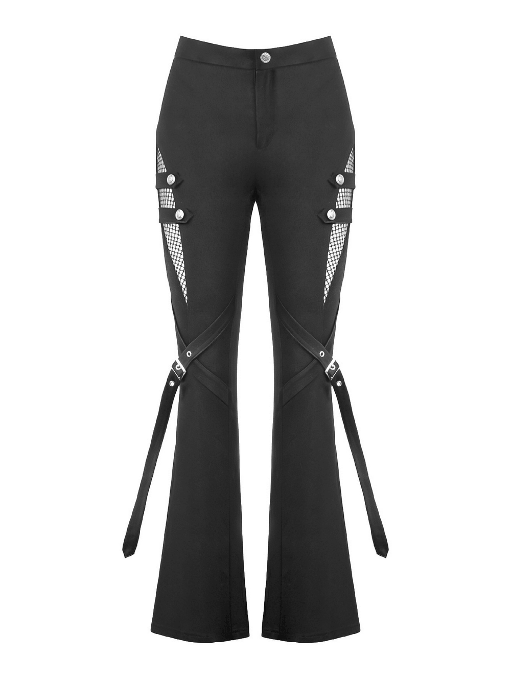 Punk Black Flared Pants with Mesh Cutout and Straps featuring buckle strap detail and dramatic bell bottoms.