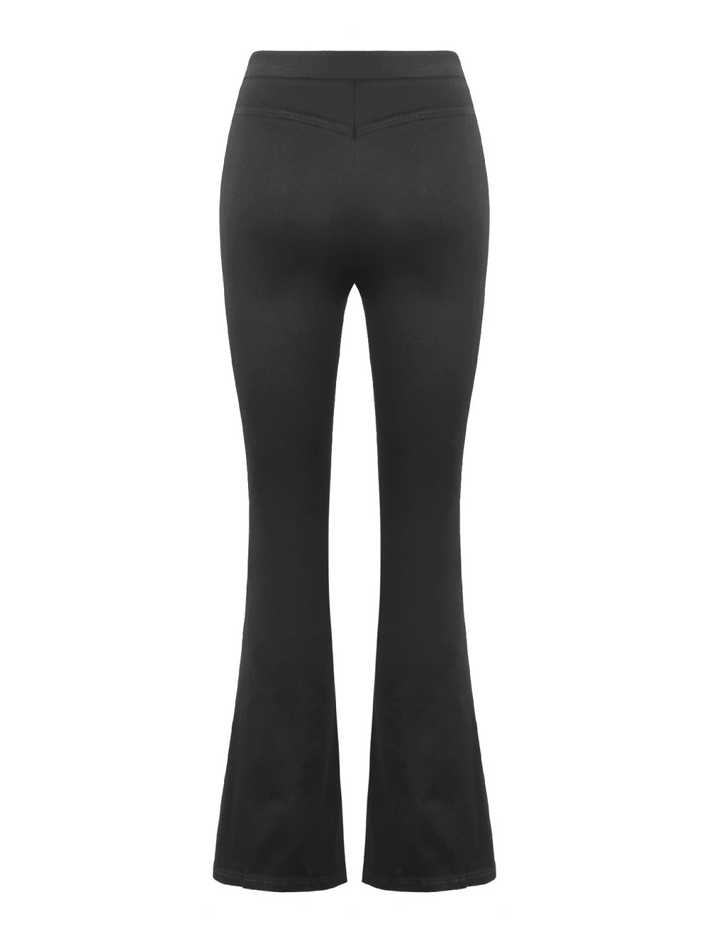 Punk Black Flared Pants with Mesh Cutout and Straps, showcasing dramatic bell bottoms and sleek black fabric from the back.