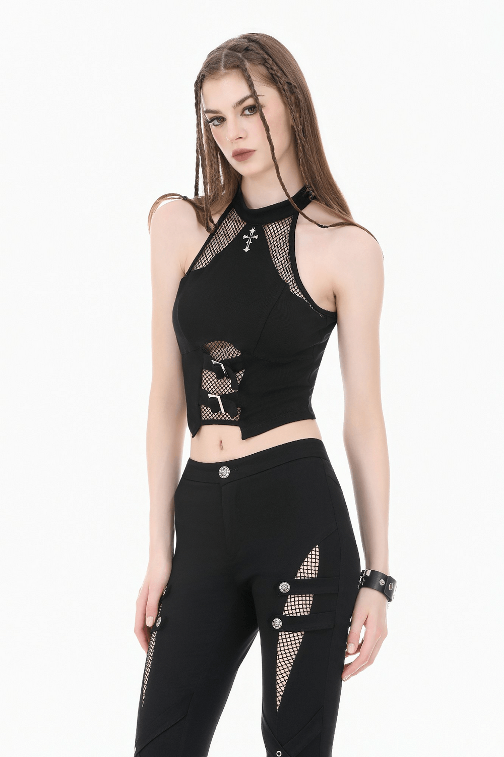 Punk Black Flared Pants with Mesh Cutout and Straps paired with bold cropped top and edgy accessories.
