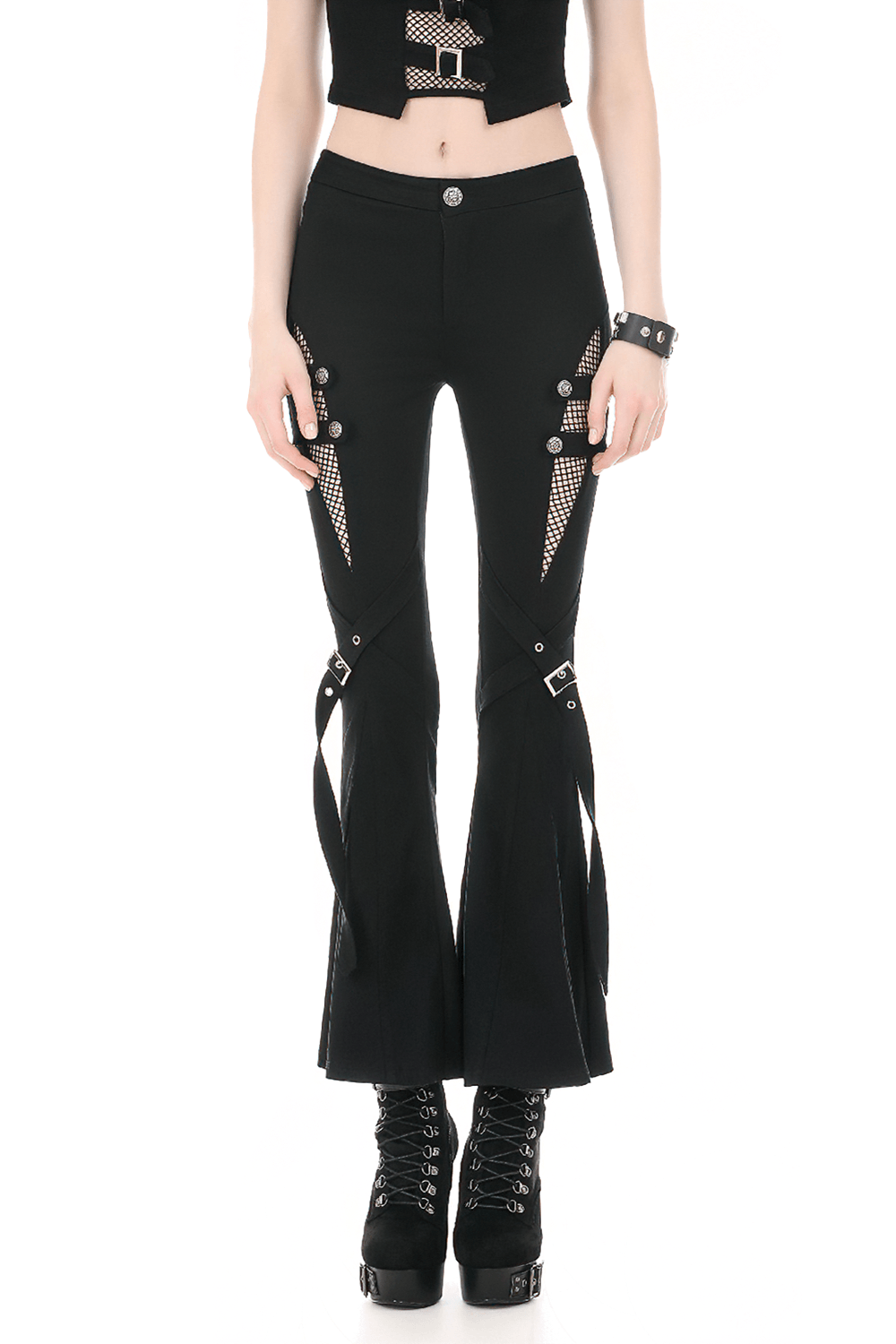 Punk Black Flared Pants with Mesh Cutout and Straps featuring dramatic bell bottoms and buckle details.