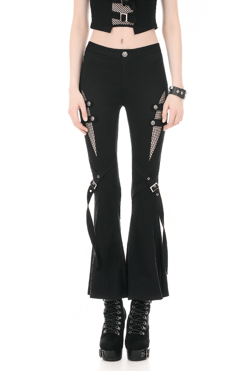 Pantalones acampanados punk negros con recortes de malla y correas