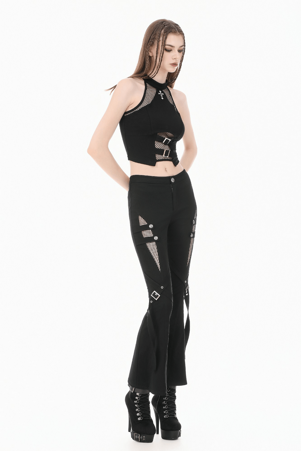 Punk Black Flared Pants with Mesh Cutout and Straps styled with a crop top and platform boots.