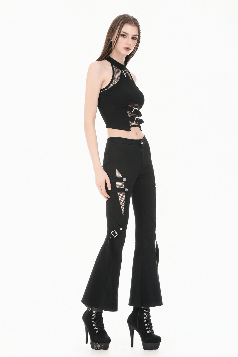 Punk Black Flared Pants with Mesh Cutout and Straps worn by model with dramatic styling and accessories.