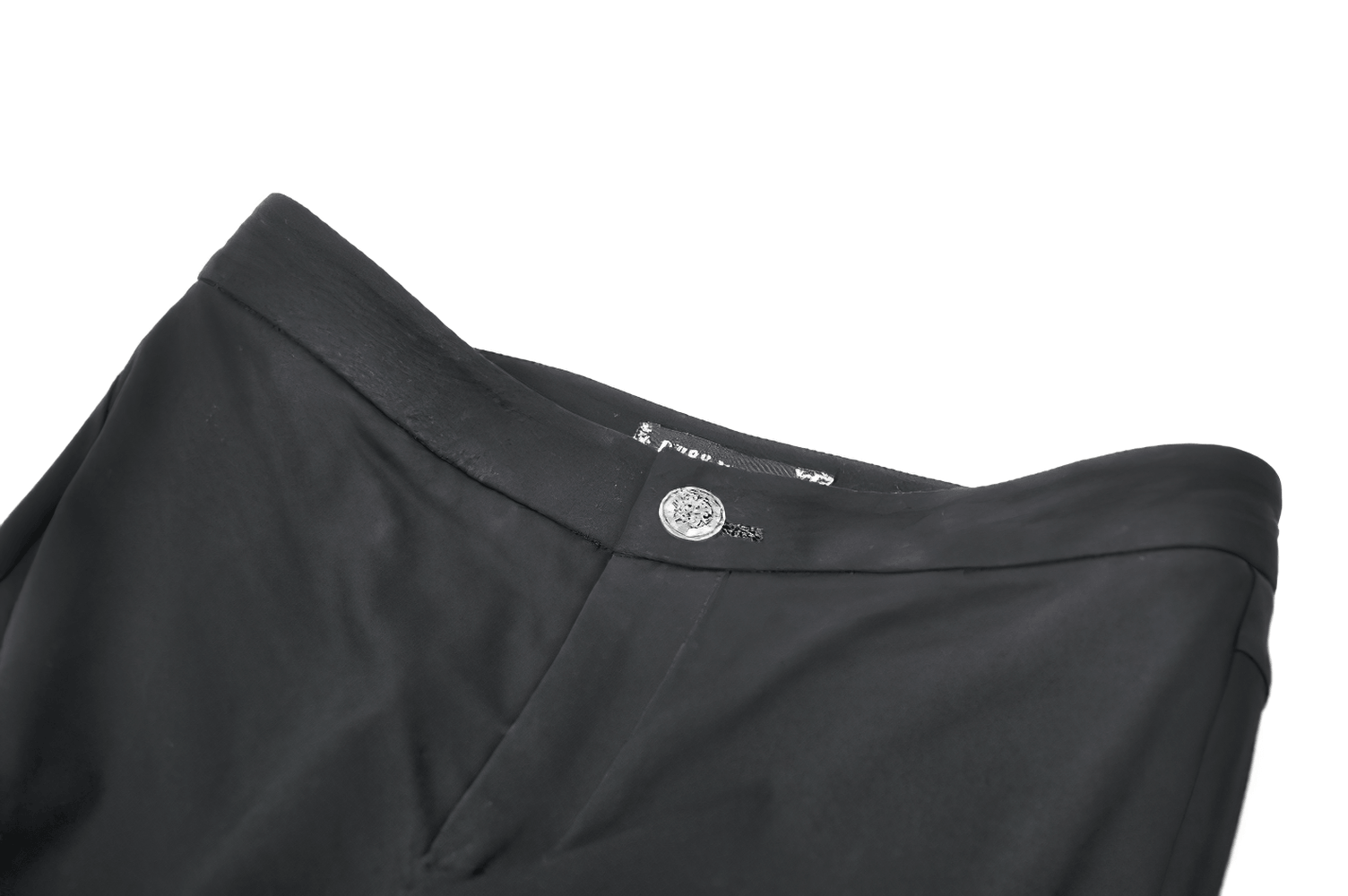 Punk Black Flared Pants with Mesh Cutout and Straps close-up of waistband detailing and button accent.