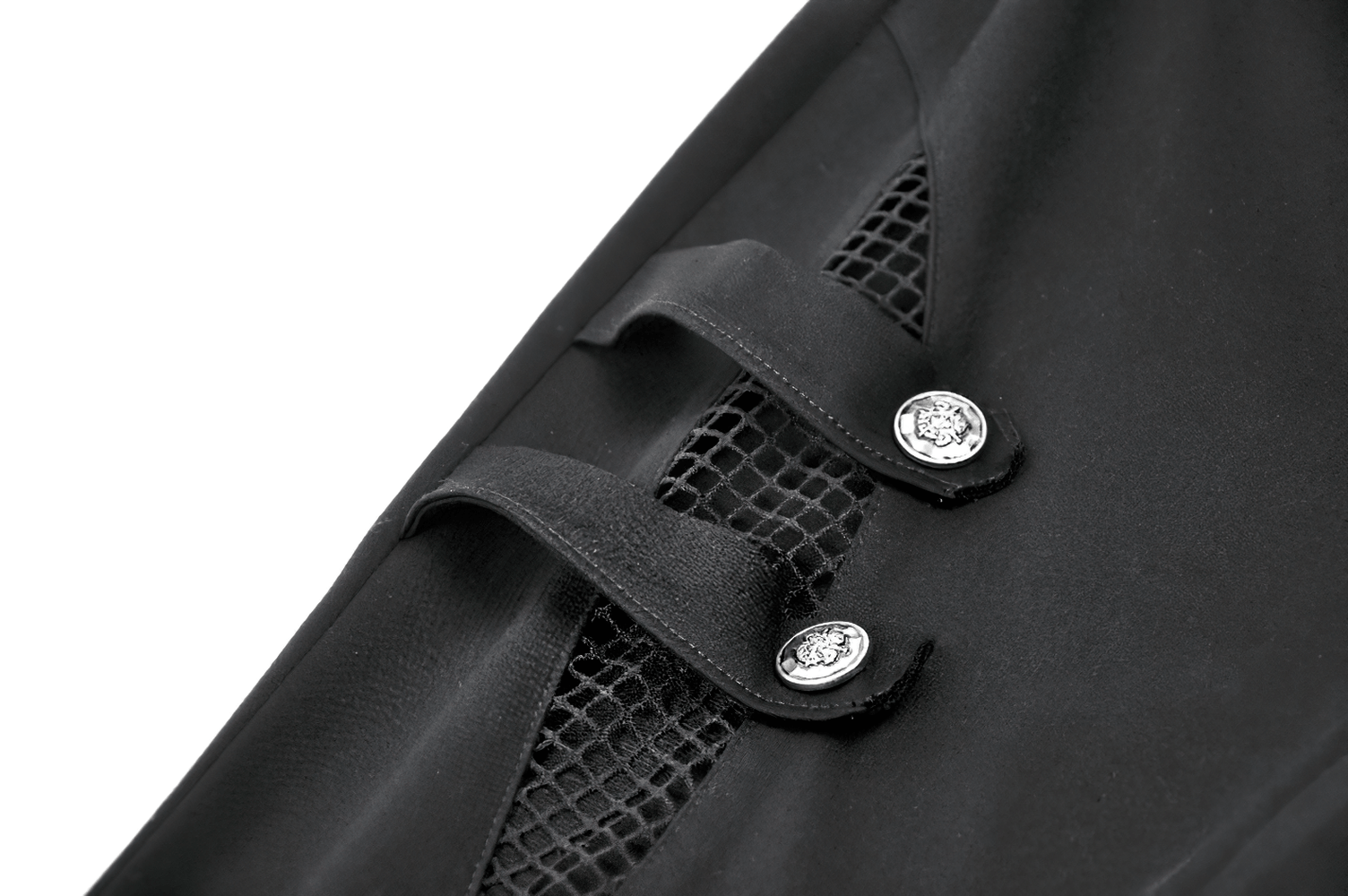 Detail of Punk Black Flared Pants with Mesh Cutout and Straps showcasing buckle straps and decorative buttons.
