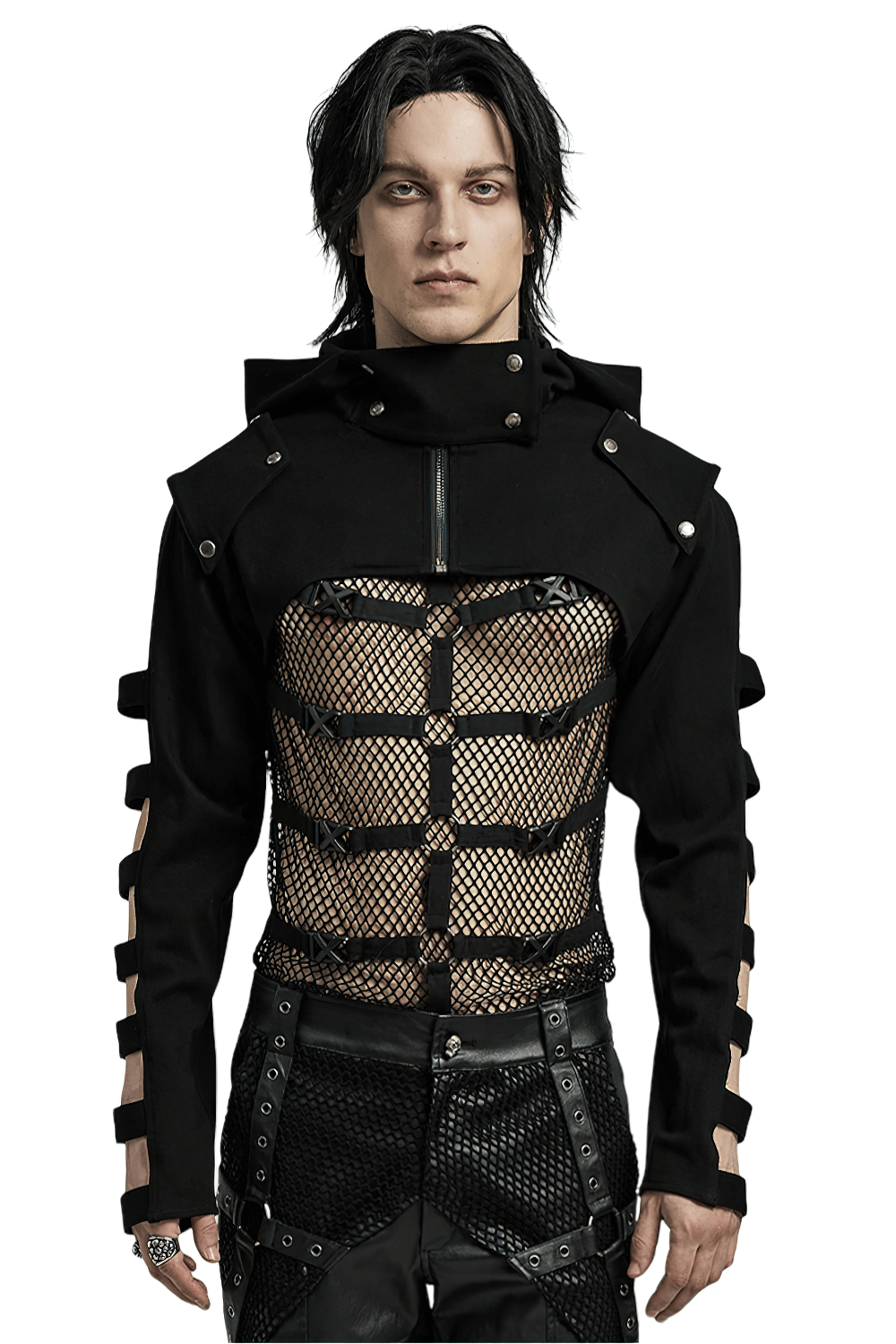 Edgy punk black hooded short jacket with hollow sleeves and stand collar for bold street style.