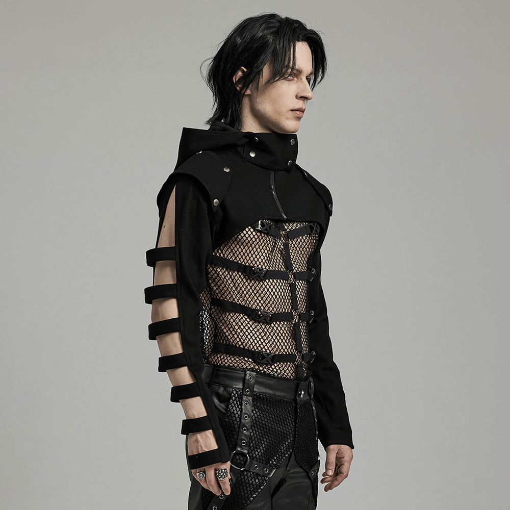 Punk black hooded short jacket with hollow sleeves on model, showcasing edgy streetwear style and unique design details.