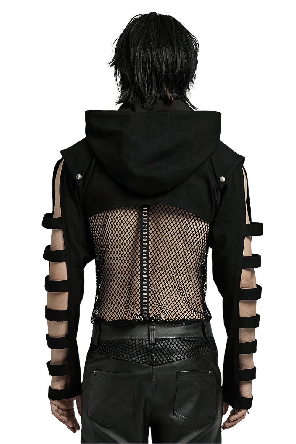Back view of a punk black hooded jacket with hollow sleeves and a mesh design, perfect for edgy street style.