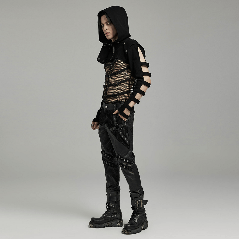 Punk black hooded short jacket with hollow sleeves and edgy street style for men.