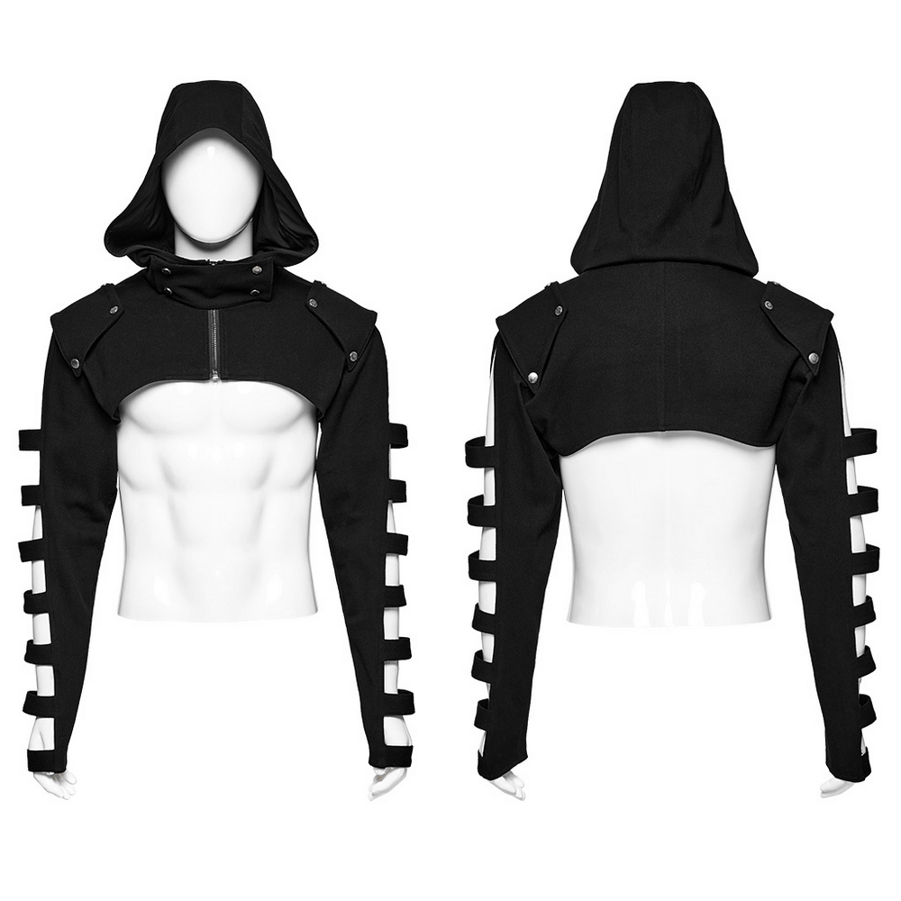 Punk black hooded short jacket with hollow sleeve straps for edgy street style.