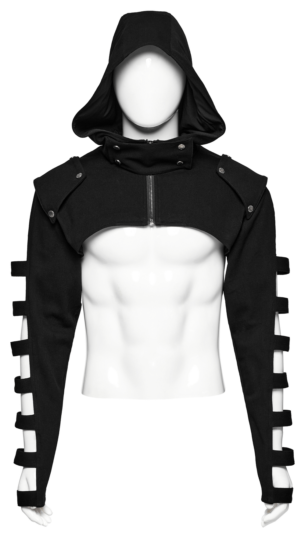 Punk black hooded short jacket with hollow sleeves, perfect for edgy street style and unique fashion statement.