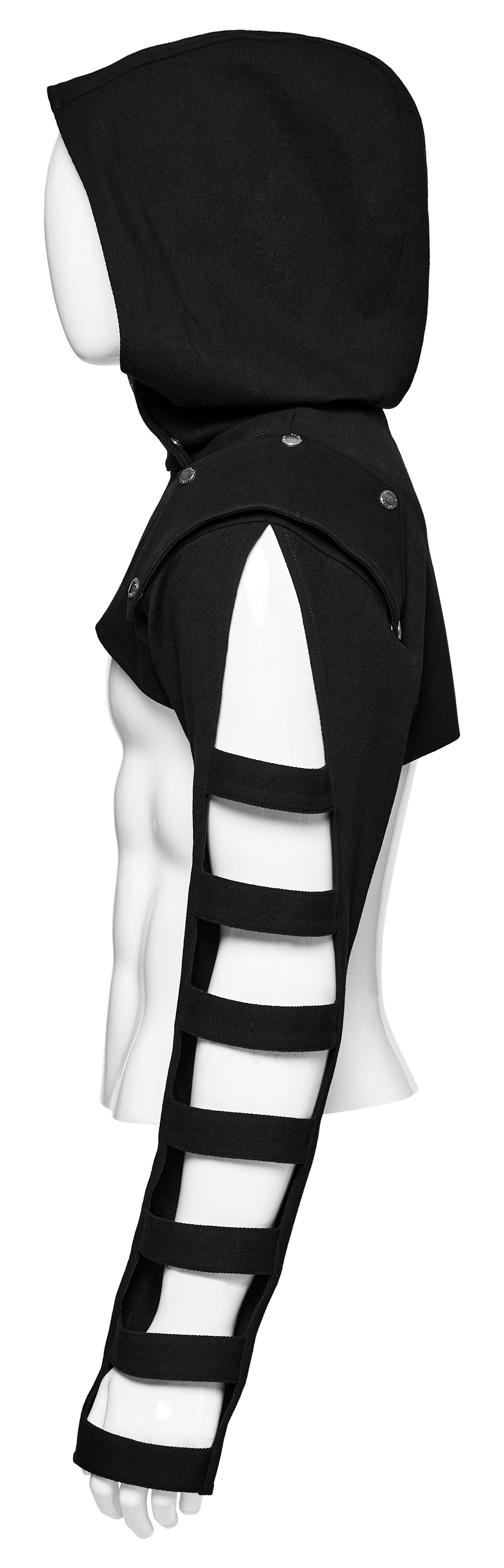 Punk black hooded short jacket with hollow sleeves, edgy street style for men, showcasing unique strap design.