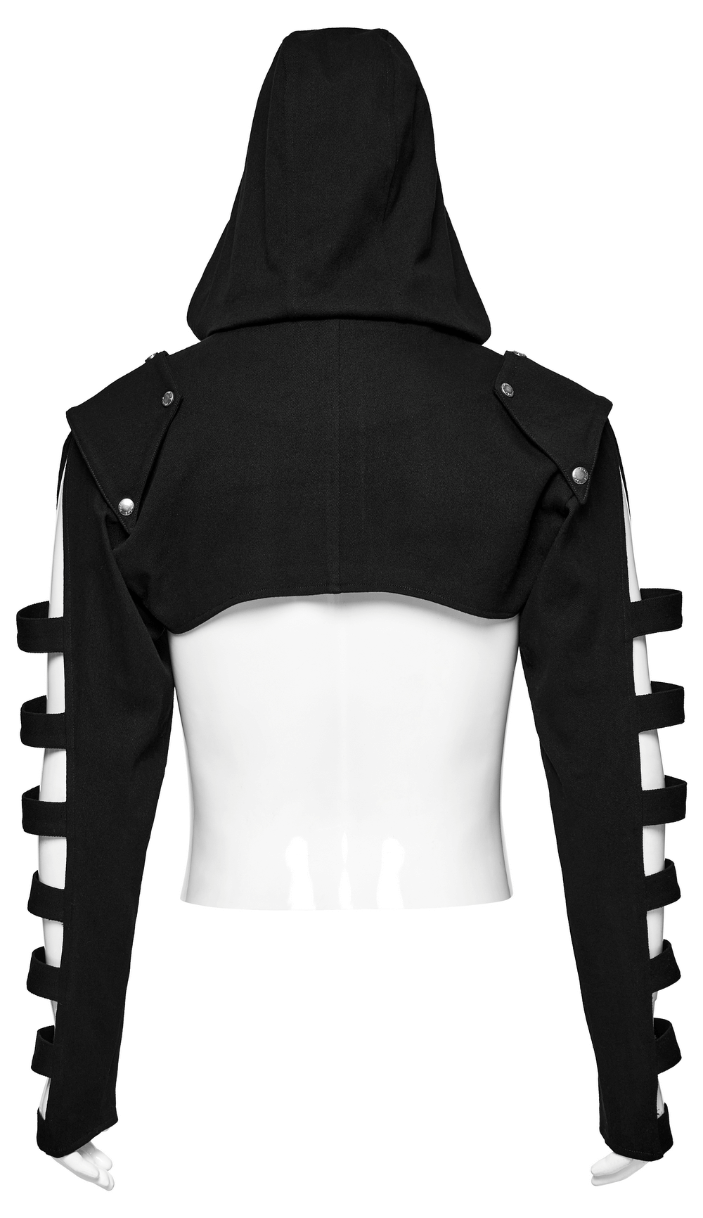Back view of a punk black hooded short jacket showcasing unique hollow strap sleeves and reinforced shoulder patches.