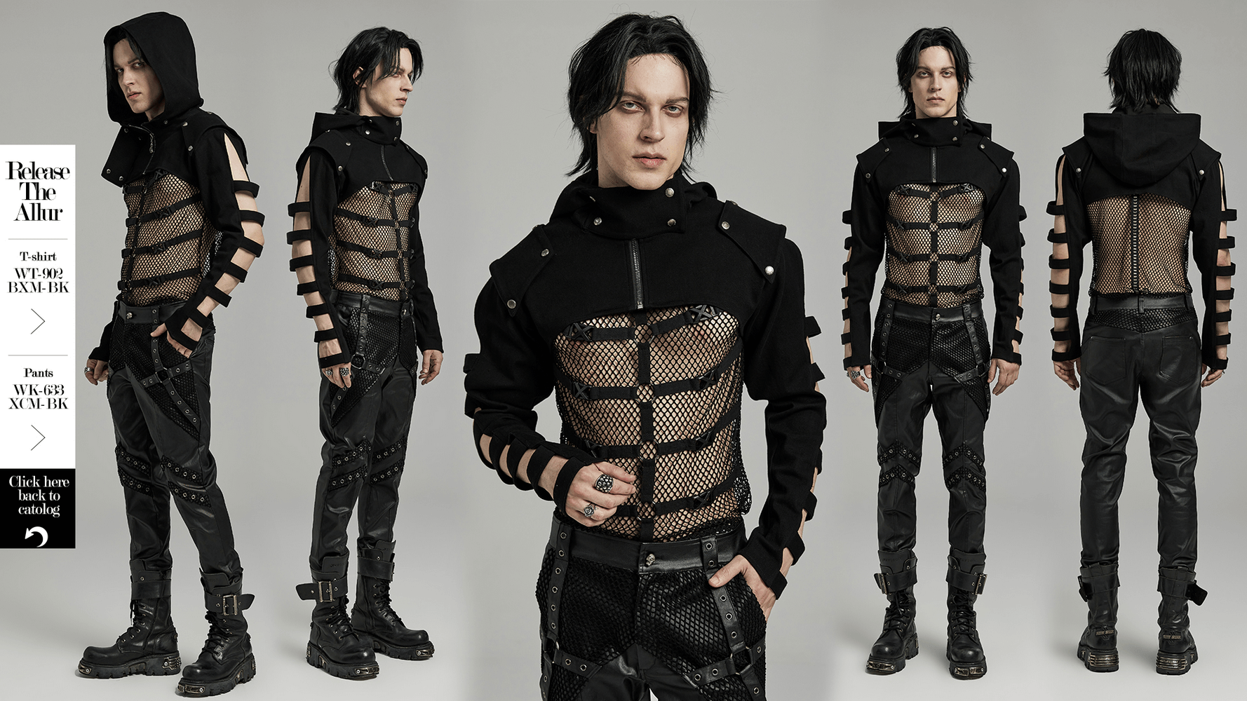 Punk black hooded short jacket with hollow sleeve straps and mesh detailing for a bold streetwear look.