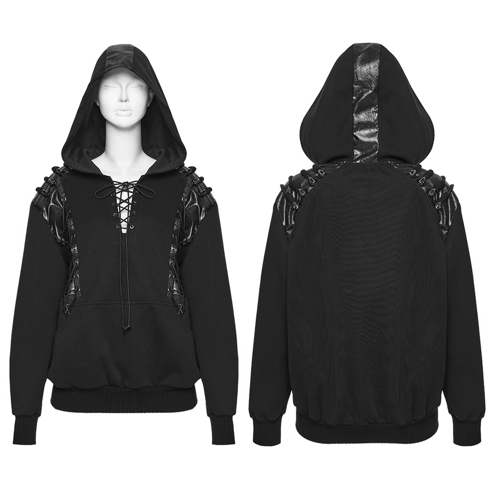 Punk Black Lace-Up Hoodie with Leather Shoulder Details showcasing skull toggles and metal eyelet drawstrings, perfect for gothic fashion.