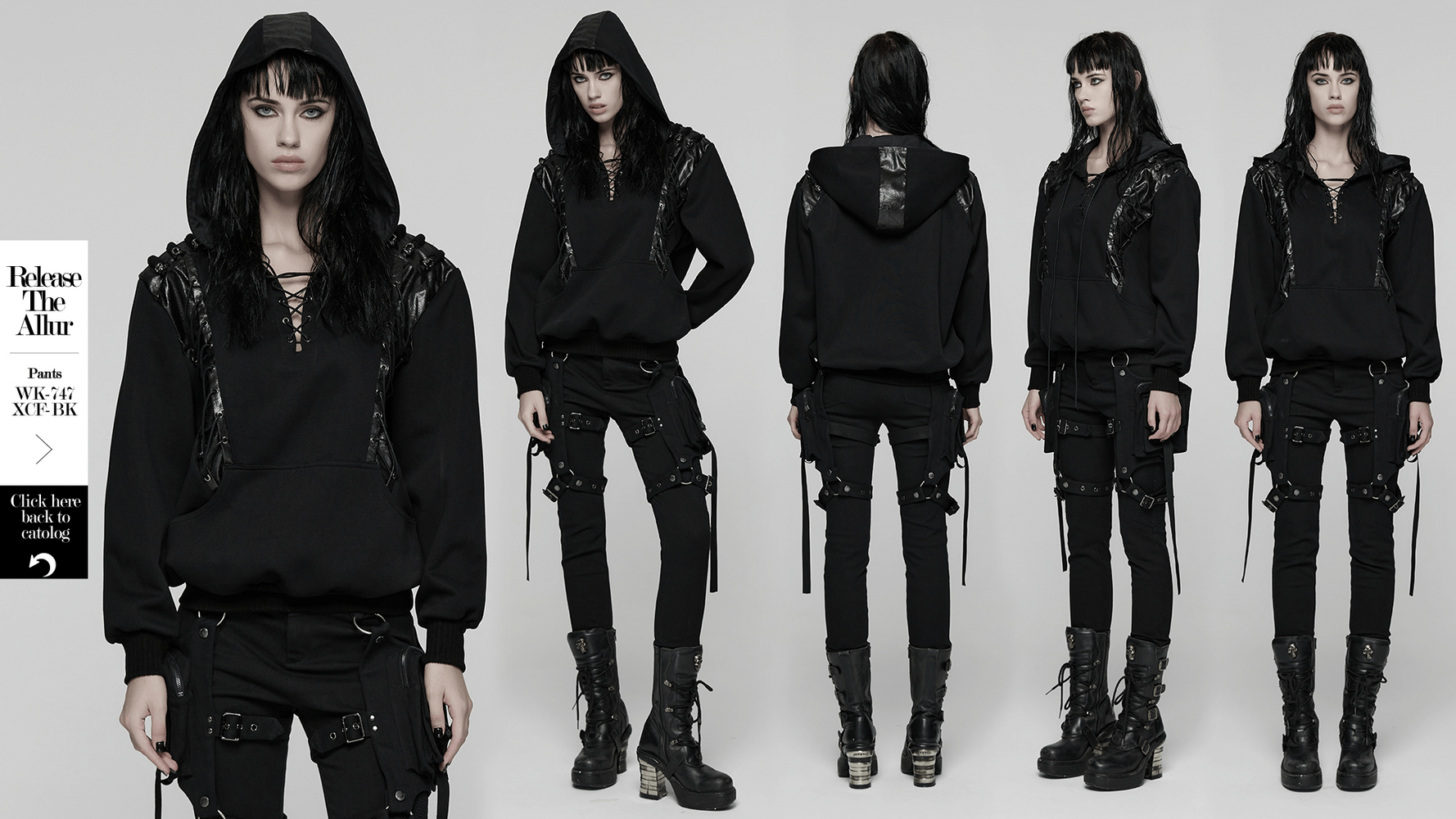 Punk Black Lace-Up Hoodie with Leather Shoulder Details showcased on a model, featuring gothic design and skull accents.
